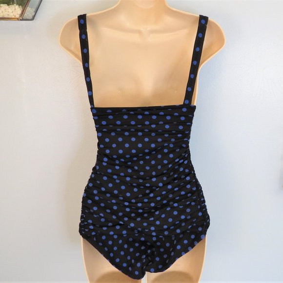 DKNY Black & Blue Polka Dot Swimsuit 14 - Picture 2 of 2